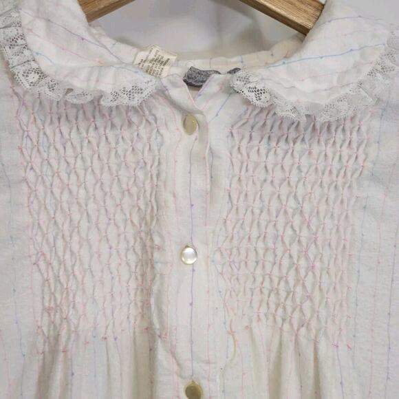Vintage Windy Rose White Pastel Pinstriped Cotton Flannel Nightgown Size Medium - Picture 4 of 9